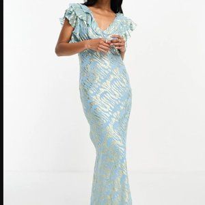 Never Fully Dressed Metallic Jacquard Ruffle Maxi Dress In Blue